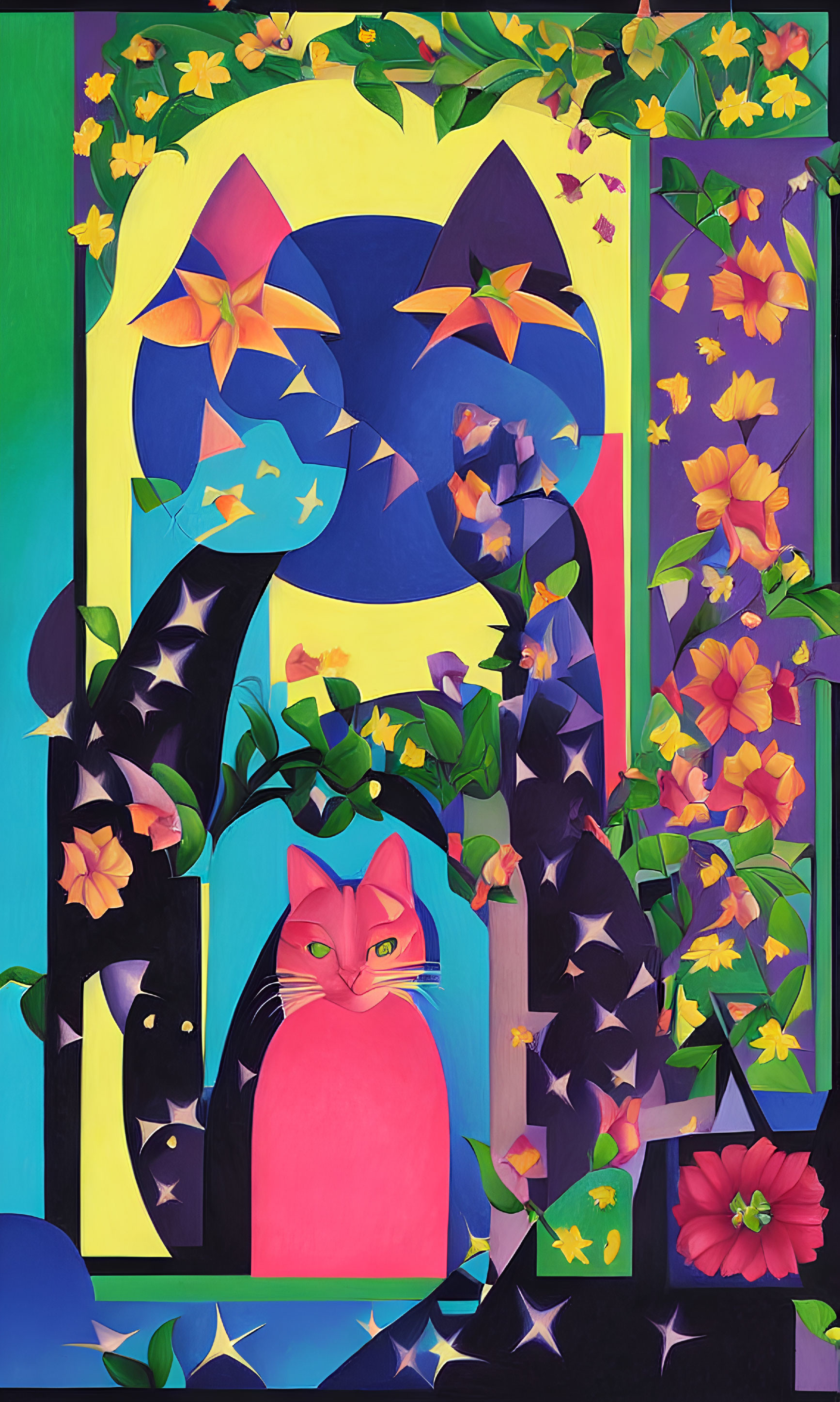 Colorful Cartoon Cat Artwork with Whimsical Nature Elements