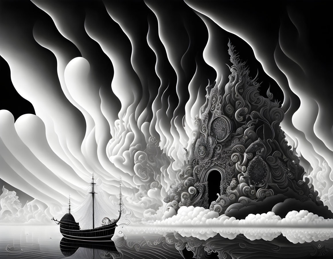 Monochromatic fantasy landscape with sailboat and swirling cloud formation