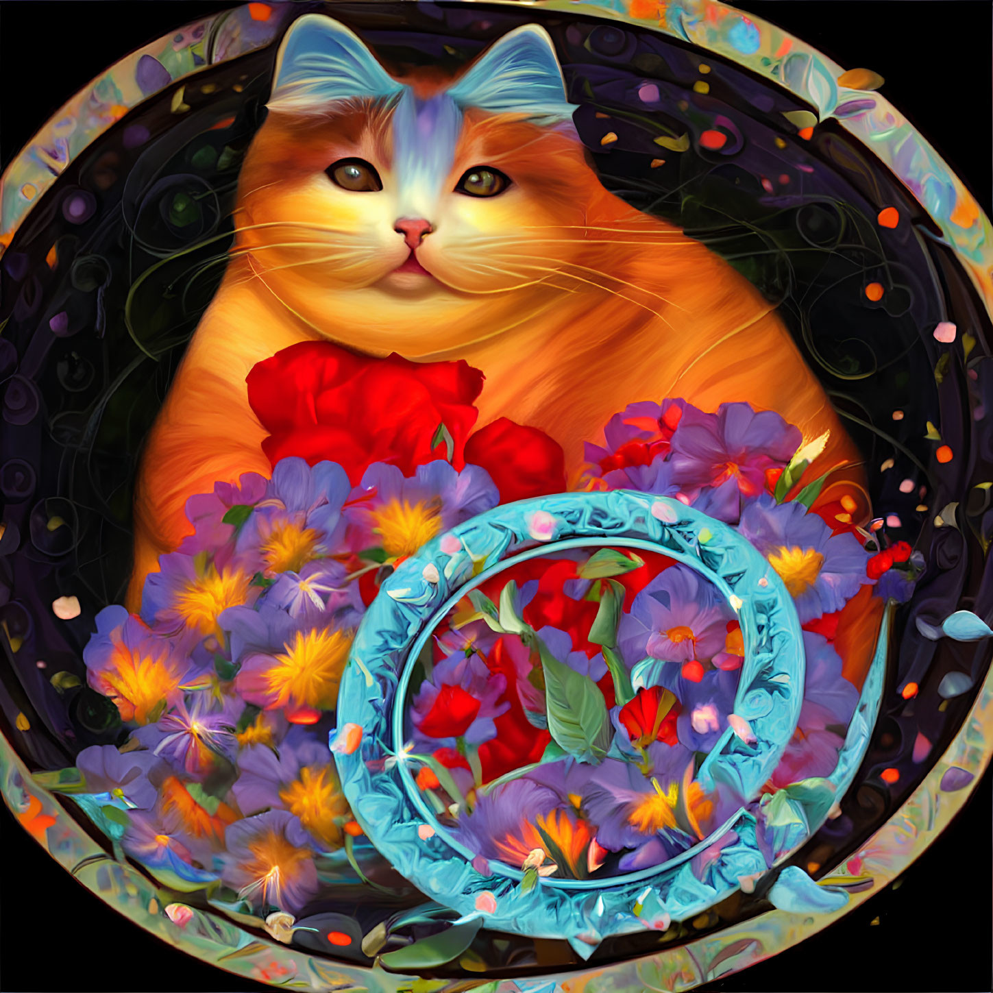 Colorful digital artwork featuring plump orange cat and vibrant flowers in turquoise frame