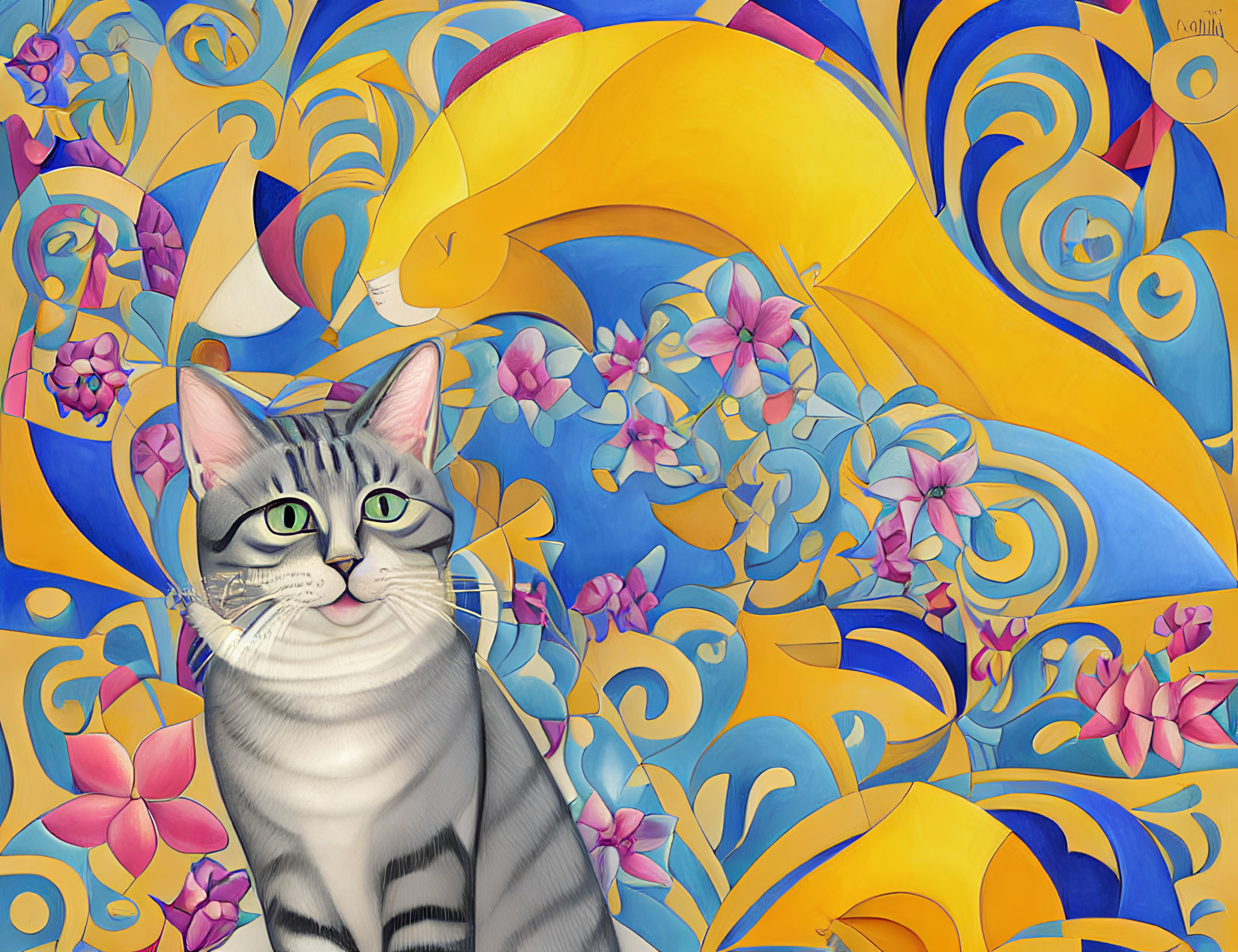 Striped cat with green eyes in swirling yellow and blue background.