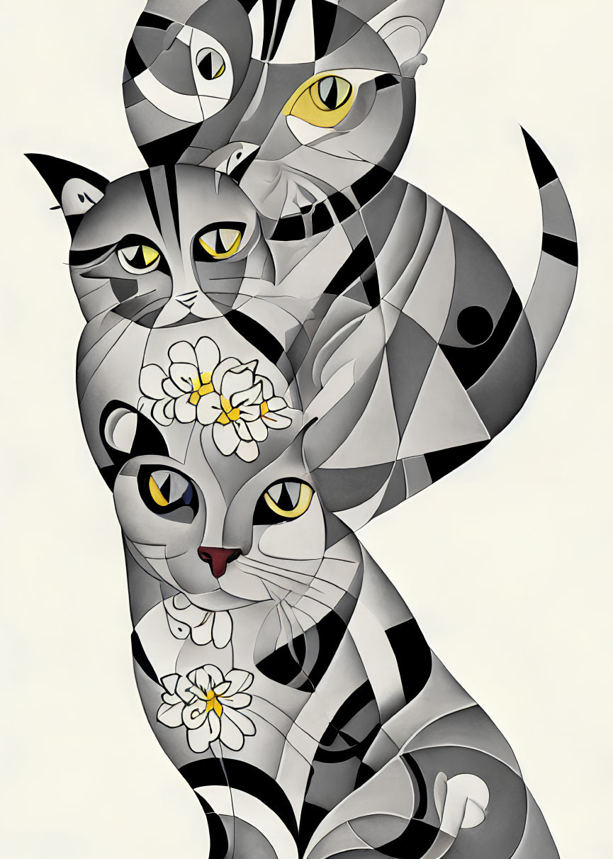 Stylized cats intertwined with geometric patterns and flowers, mismatched eyes