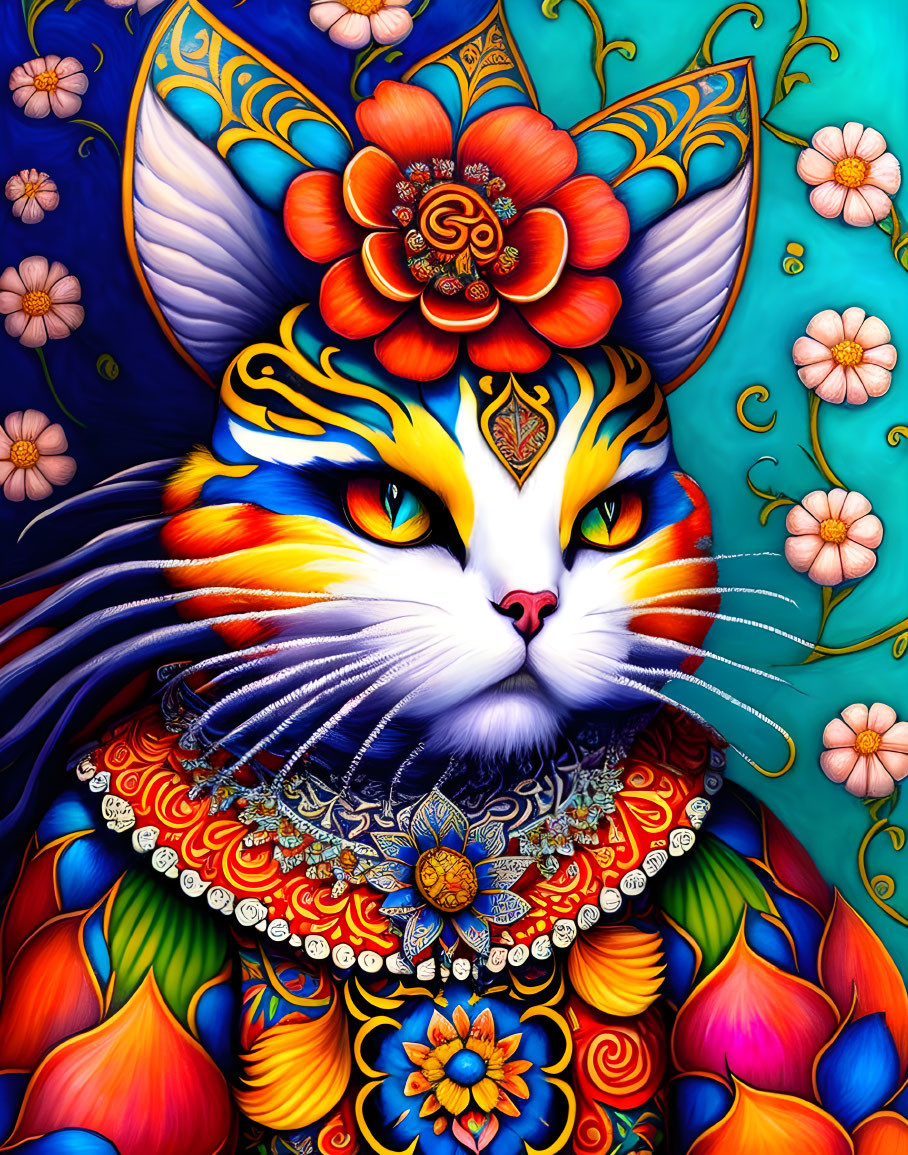 Colorful Stylized Cat Artwork with Floral Motifs & Jewelry