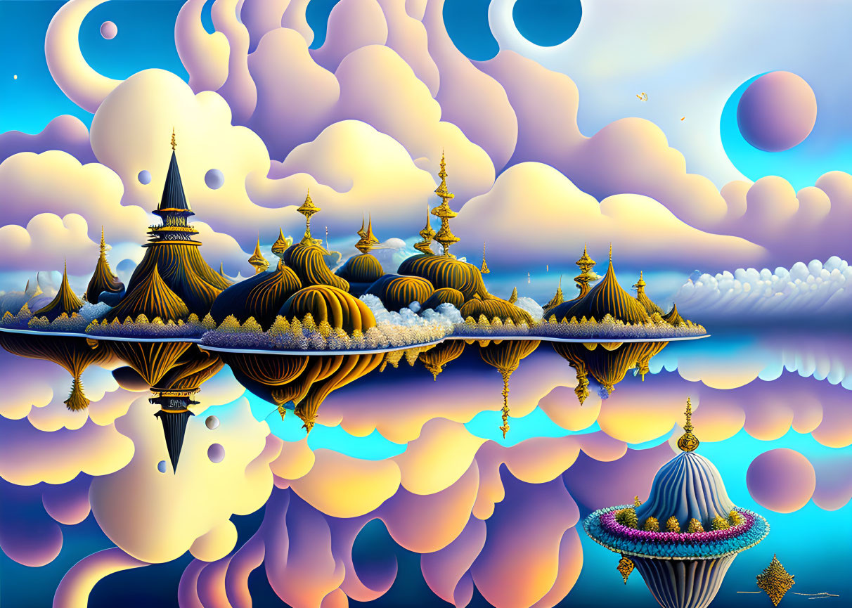 Vibrant fantasy landscape with floating golden pagodas and surreal sky.