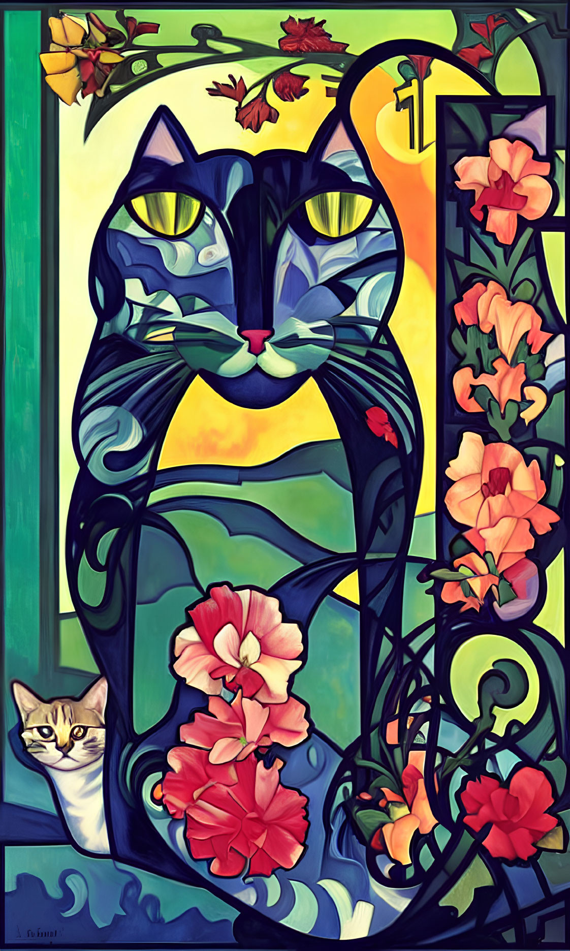 Art nouveau style painting of two cats in floral motif