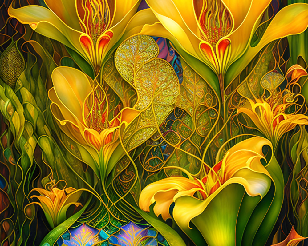 Colorful digital art featuring yellow flowers with red stamens and green foliage on a reflective sphere.