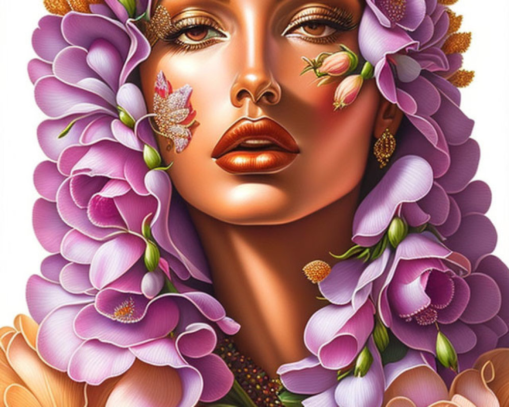 Vibrant violet and peach floral portrait illustration