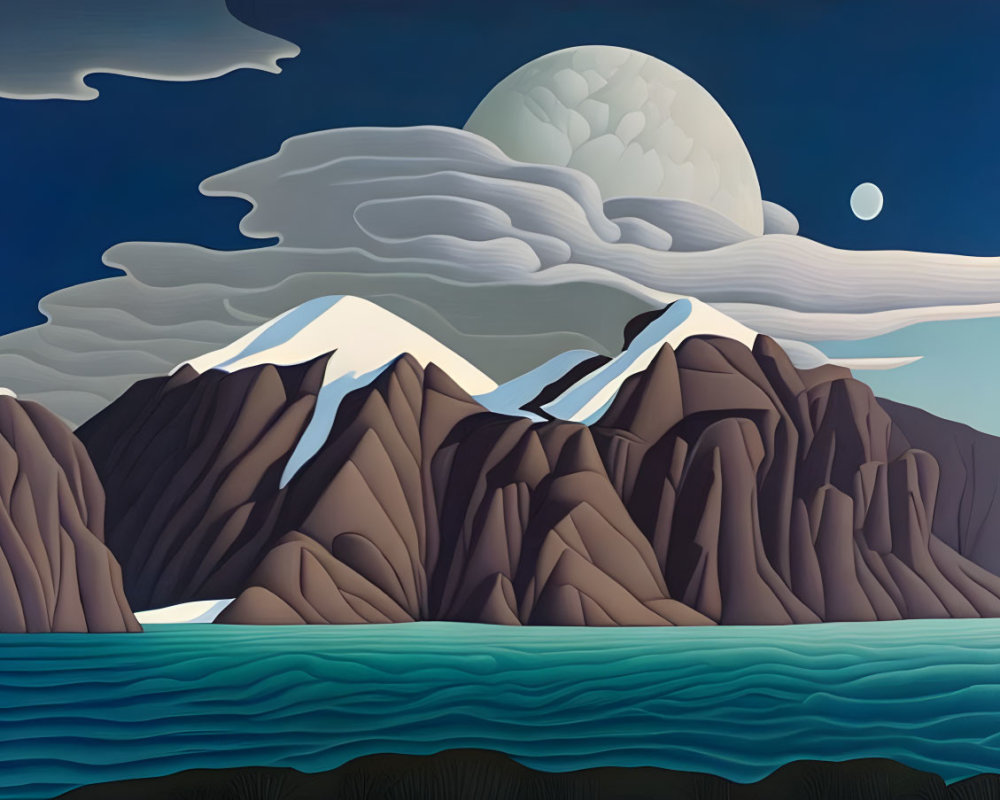 Snowy Mountains Landscape with Moonlit Sky and Water Reflections