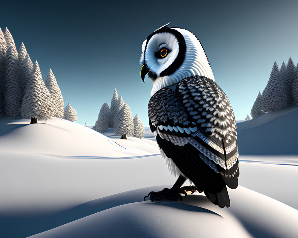 Snowy owl perched in snowy landscape with pine trees and blue sky