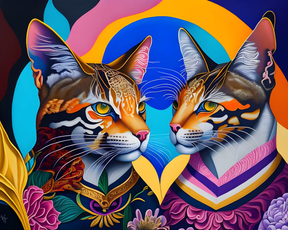 Colorful Stylized Cats Against Abstract Floral Background