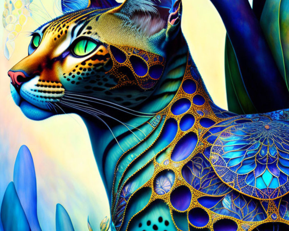 Colorful Cat Artwork with Mandala Patterns and Blue & Gold Palette