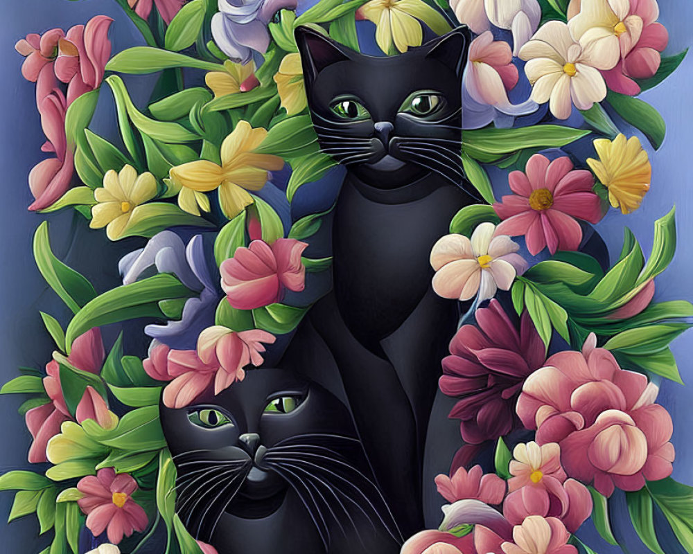 Two black cats with flowers on blue background