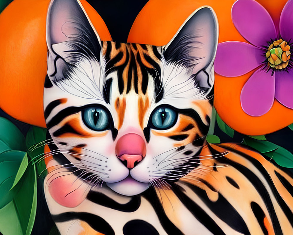 Whimsical tiger-striped kitten with oranges and pink flower