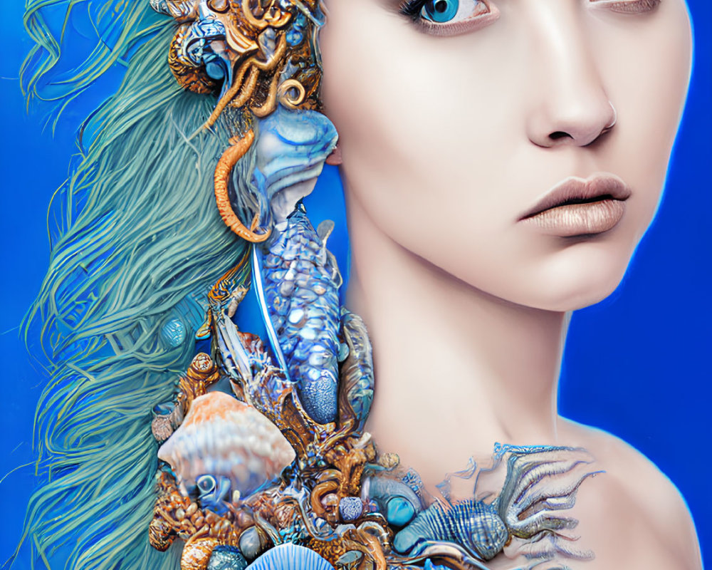 Sea-themed headdress with shells and marine life on woman's head on blue background