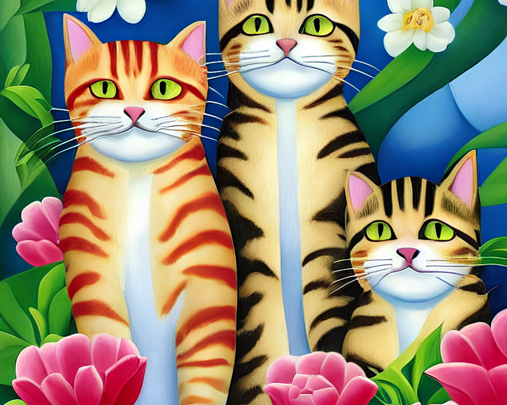 Colorful Cartoon Cats in Lush Garden Scene