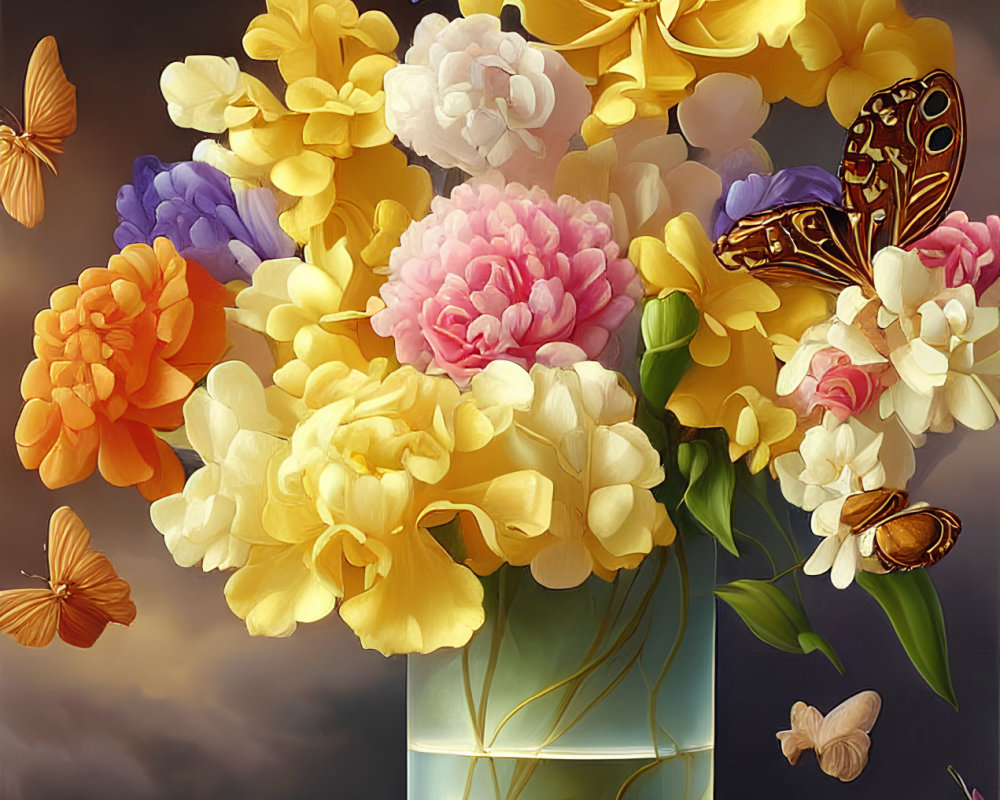 Colorful Flower Bouquet in Decorative Vase with Butterflies on Moody Sky Background