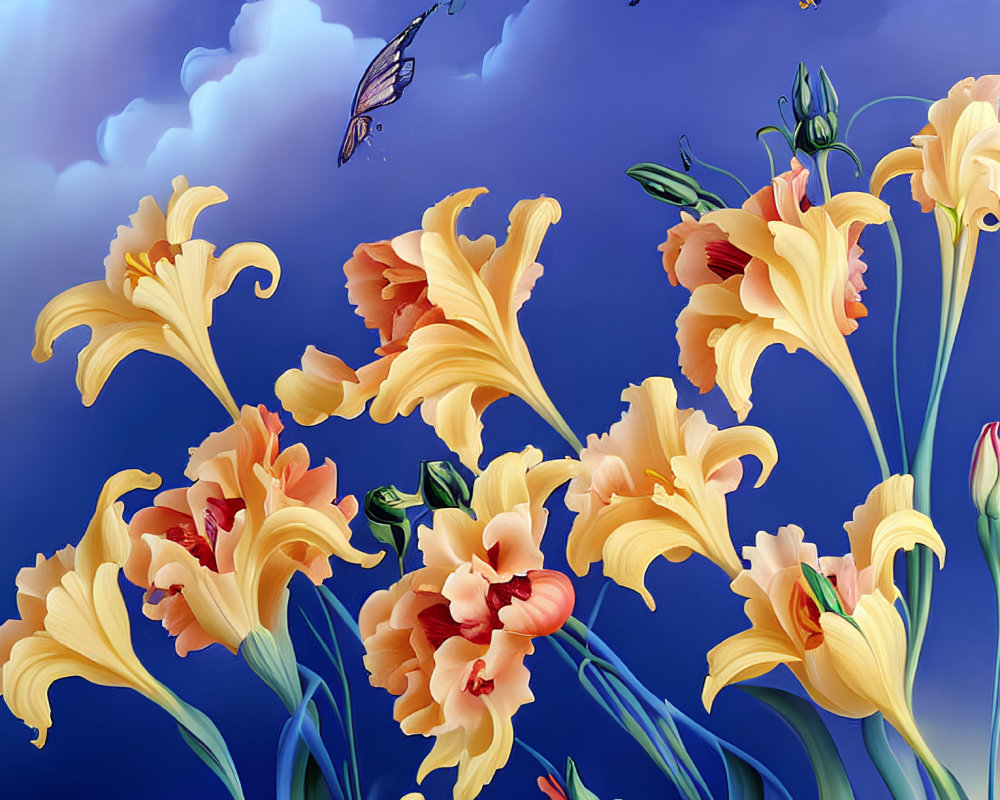 Colorful digital artwork: Yellow iris flowers and butterflies against blue sky