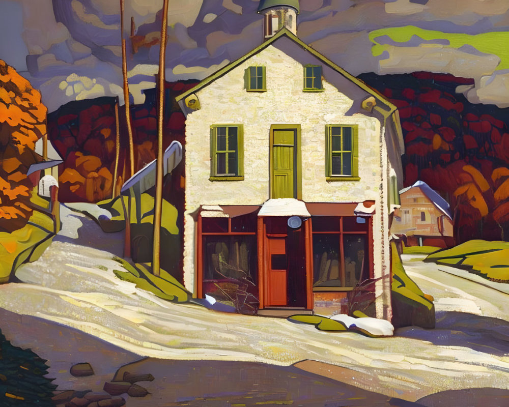 Stylized painting of two-story house in snowy autumn landscape