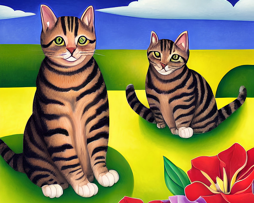 Stylized striped cats in colorful landscape with flowers under blue sky