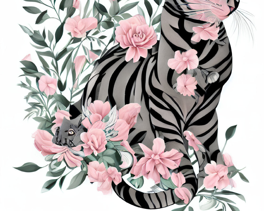 Large Striped Cat Surrounded by Green Foliage and Pink Flowers, Grey Kitten Peeking