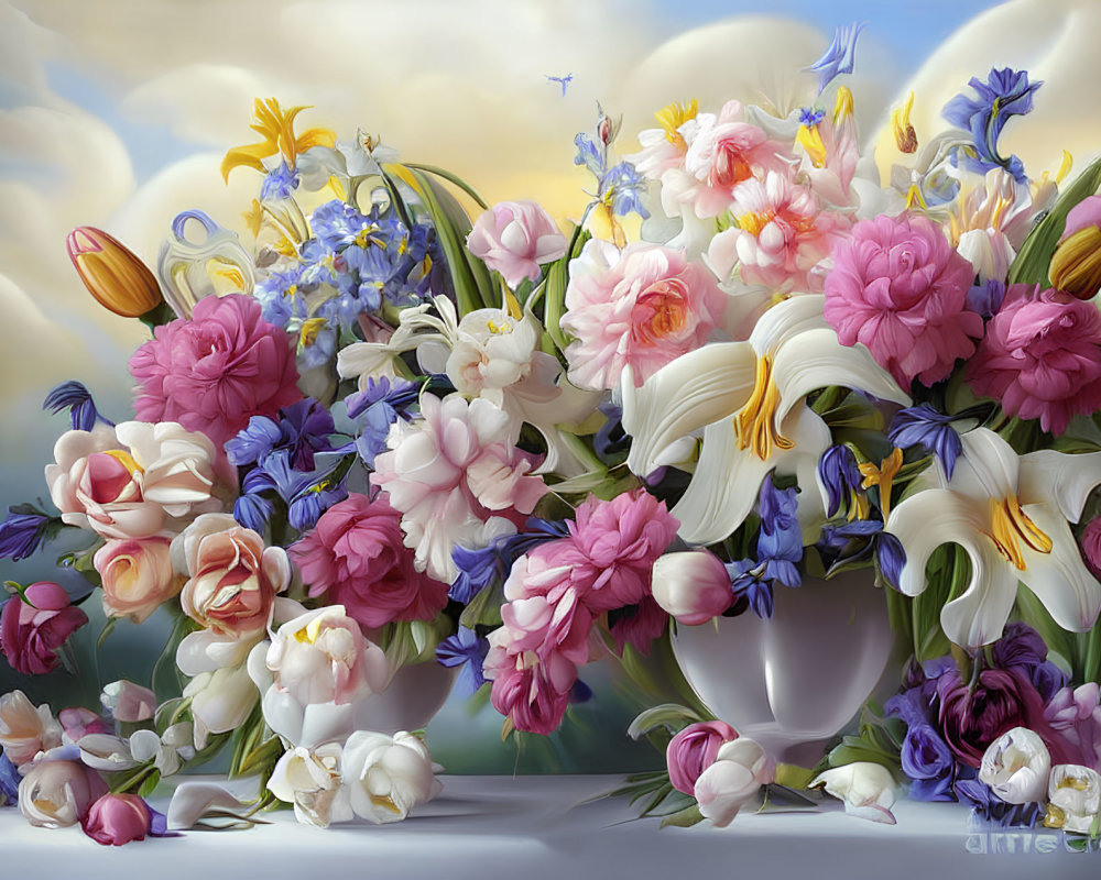 Assorted Full Bloom Flowers in White Vase on Cloudy Sky Background