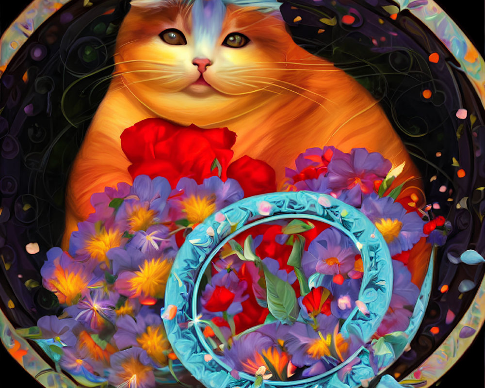 Colorful digital artwork featuring plump orange cat and vibrant flowers in turquoise frame