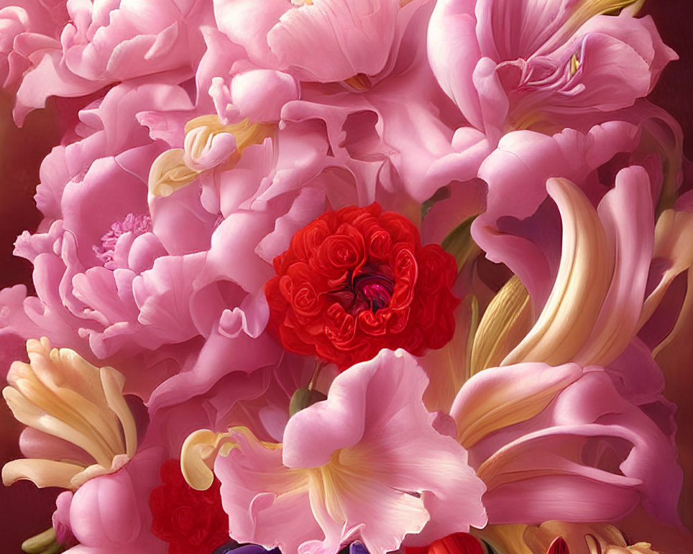 Colorful Pink and Red Floral Arrangement in White Vase on Dark Background