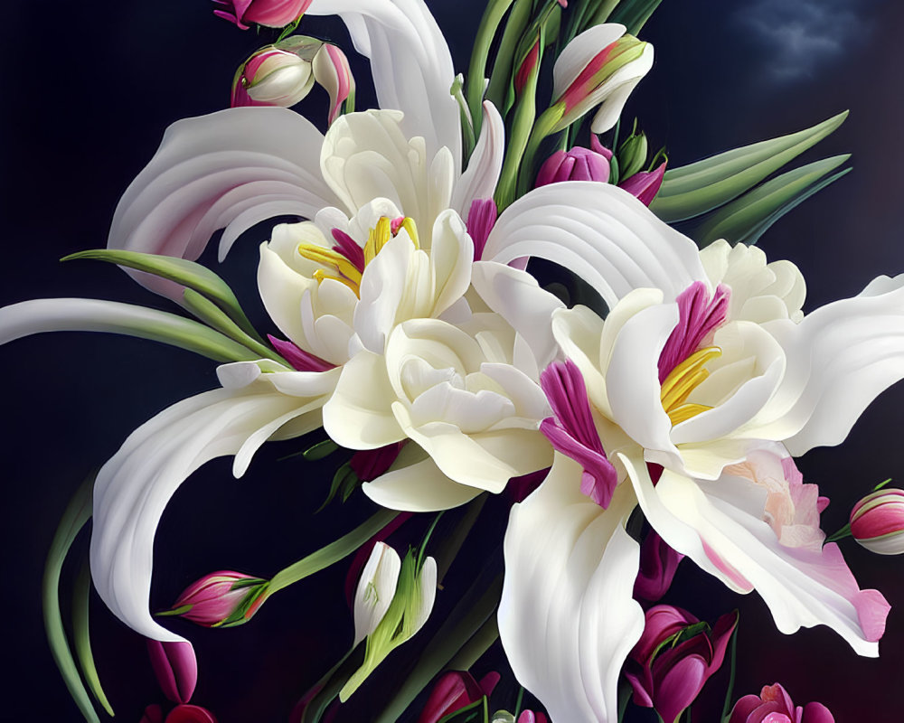 White Lilies with Pink and Purple Buds on Dark Cloudy Background