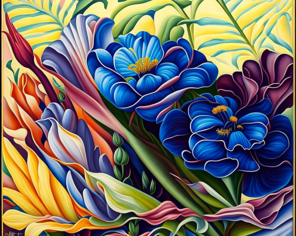 Vibrant blue flowers in stylized, colorful painting