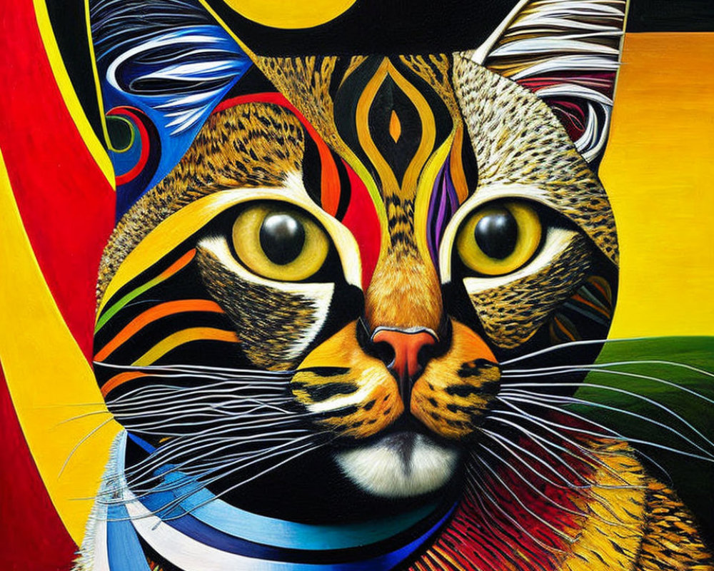 Colorful Stylized Cat Artwork on Yellow and Red Background