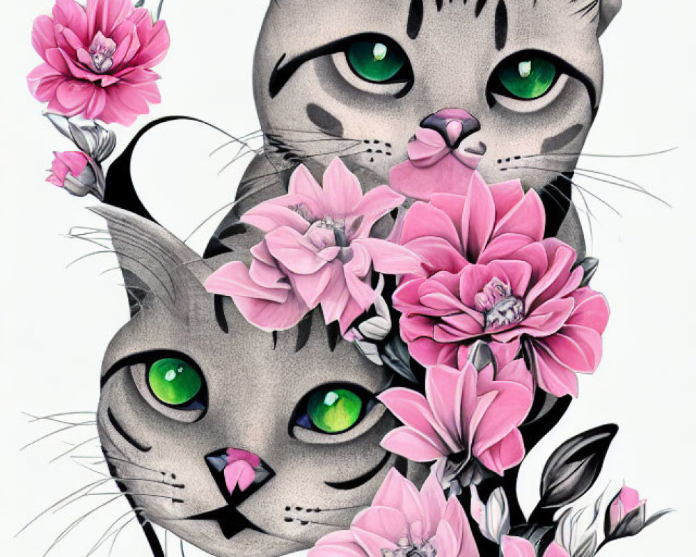 Stylized cats with green eyes and pink flowers on white background