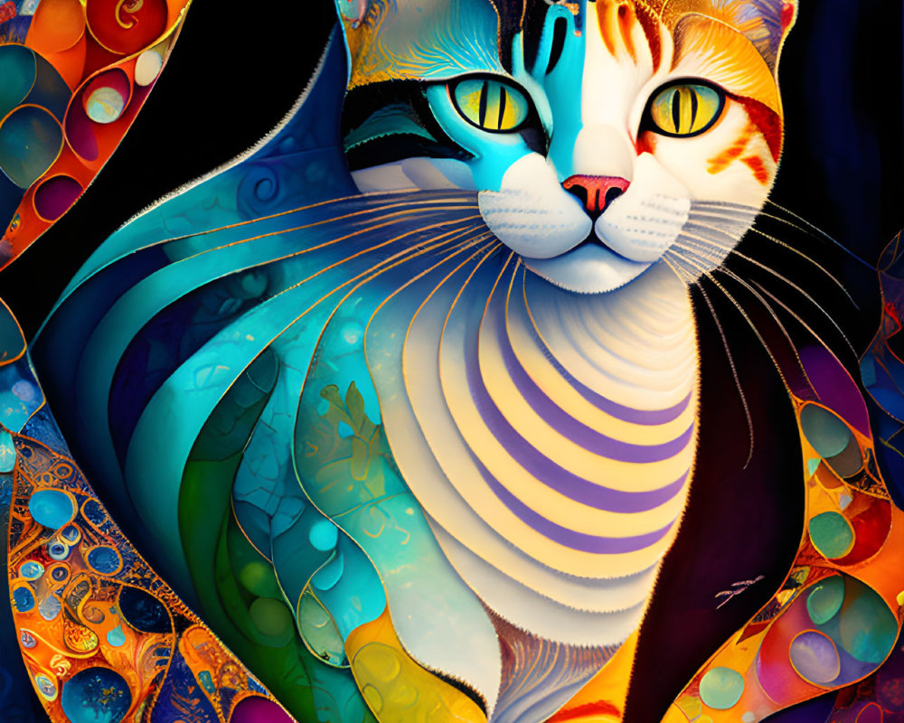 Vibrant Cat Painting with Colorful Patterns