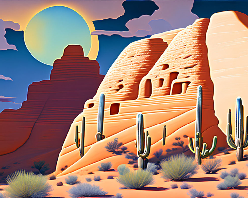 Desert landscape with cacti, adobe structures, and vivid sky