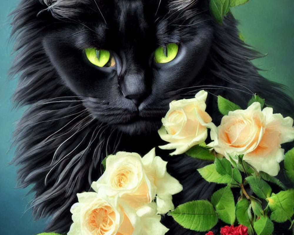 Black Cat with Green Eyes and Roses on Teal Background