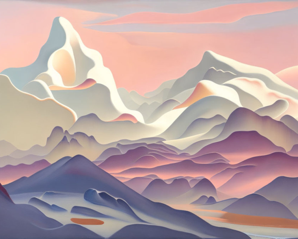 Pastel-colored landscape with layered mountains and glowing sky