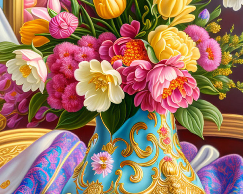 Colorful bouquet of tulips and peonies in blue vase on draped fabric background