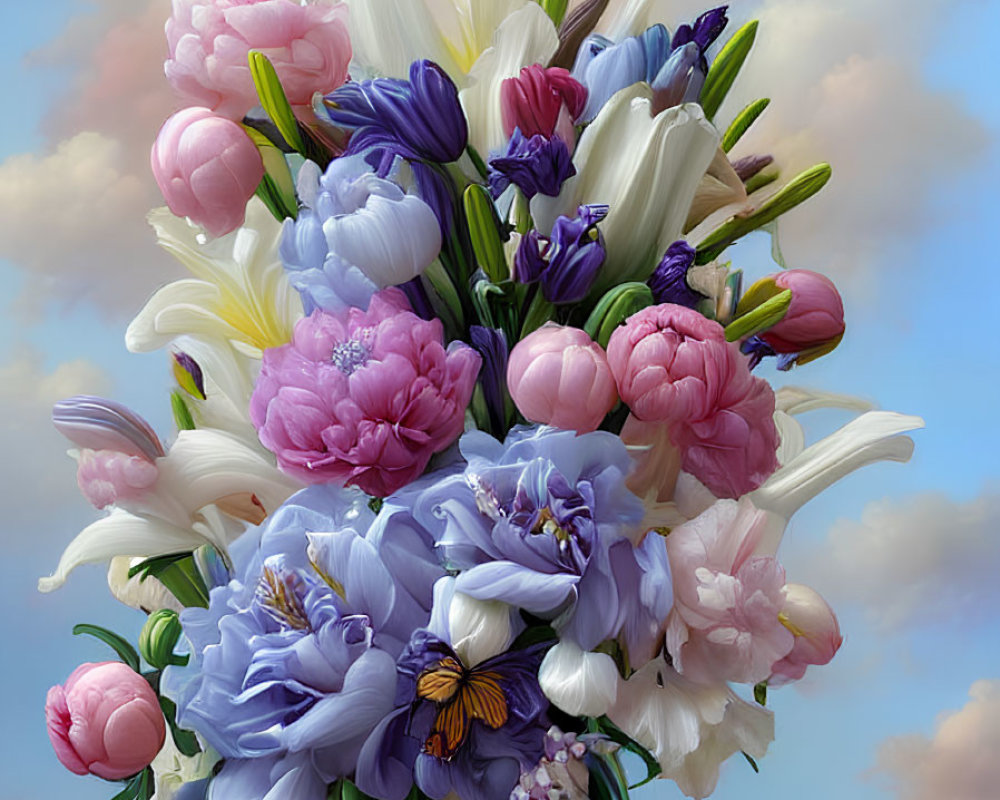 Colorful bouquet of pink peonies and purple irises with butterflies on cloudy background