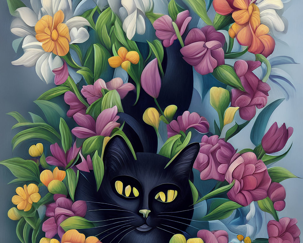 Vibrant illustration of two cats amidst colorful flowers