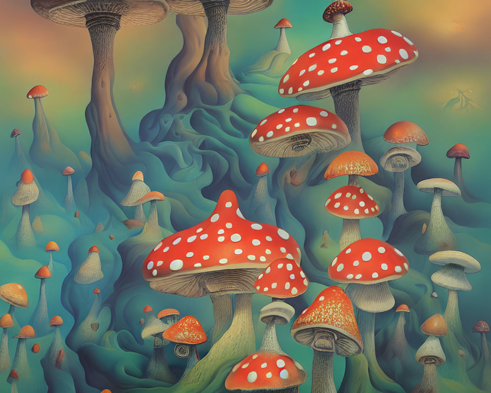 Colorful Mushroom Forest Scene with Twisted Trees and Misty Background