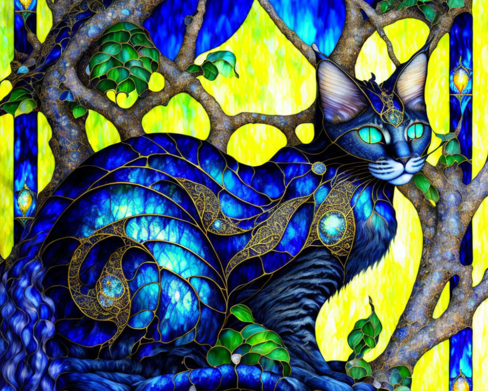 Colorful Digital Art: Stylized Cat with Blue and Black Fur in Tree Against Stained-G