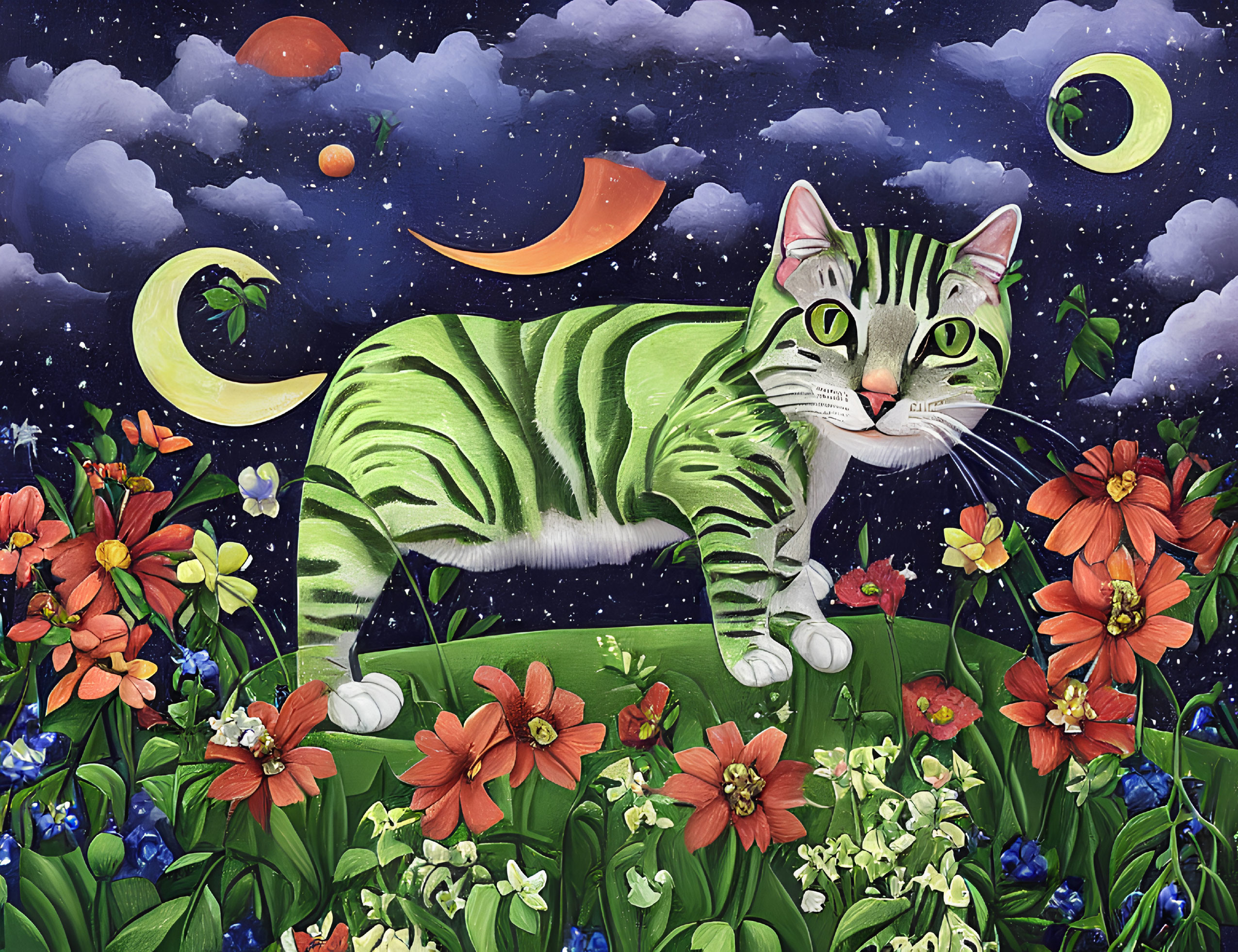 Colorful Illustration: Green-Striped Cat Surrounded by Flowers and Cosmic Elements