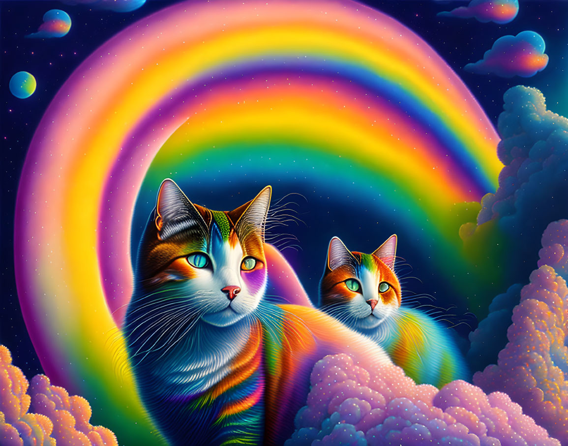 Colorful Stylized Cats with Rainbow Hues on Whimsical Background