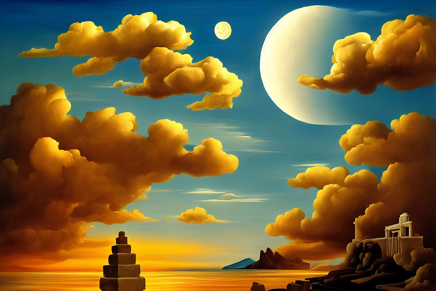 Surreal landscape with golden clouds, moon, ruins, rocks, sea, and sunset sky