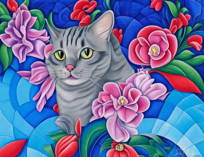 Grey Cat Surrounded by Pink and Purple Flowers on Blue Mosaic Background