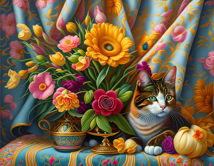 Vibrant cat illustration with flowers and patterned drapery