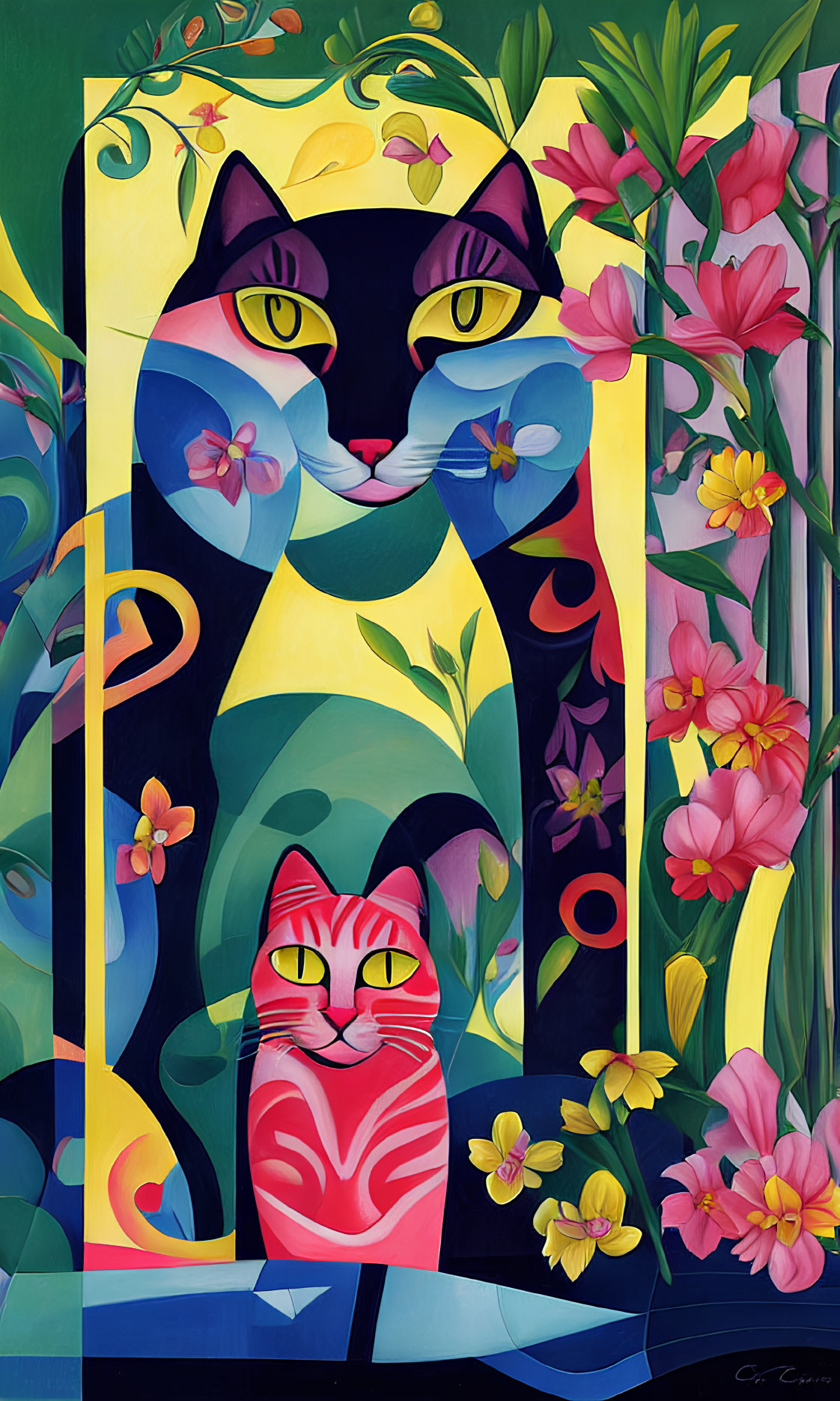 Colorful stylized painting featuring two cats with floral backdrop and abstract shapes