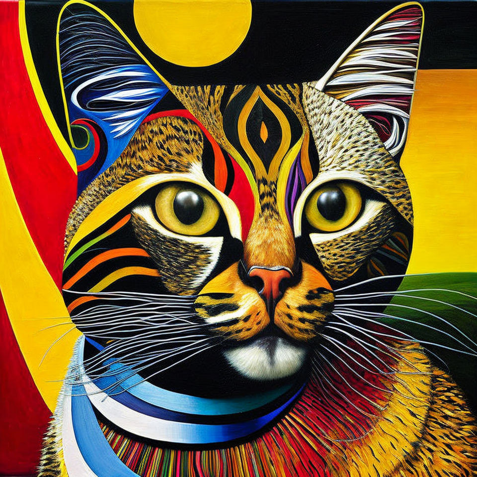 Colorful Stylized Cat Artwork on Yellow and Red Background