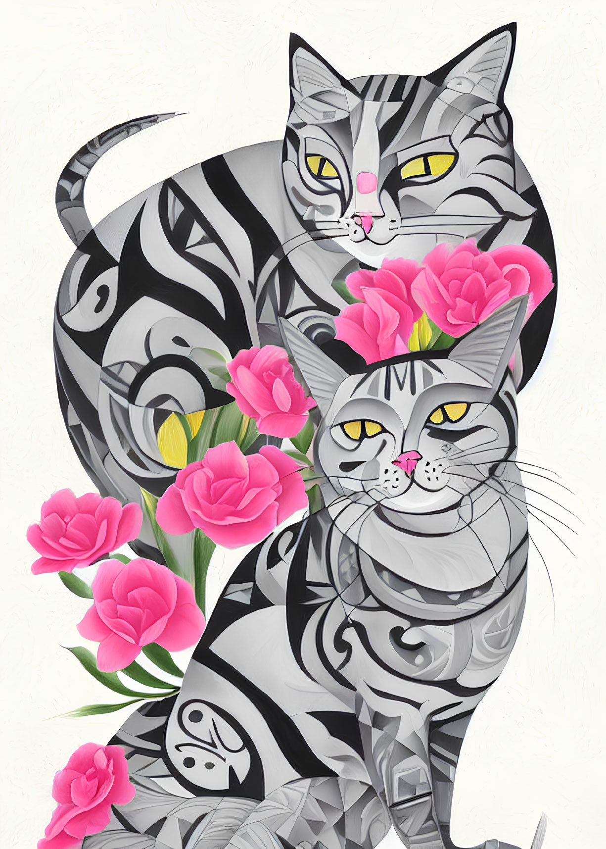 Stylized cats with swirling patterns and pink noses among vibrant pink flowers