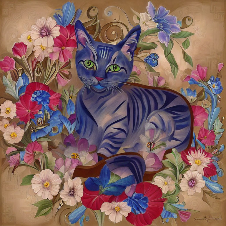 Stylized blue-striped cat with green eyes in floral setting