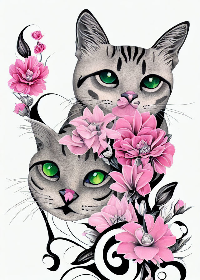 Stylized cats with green eyes and pink flowers on white background