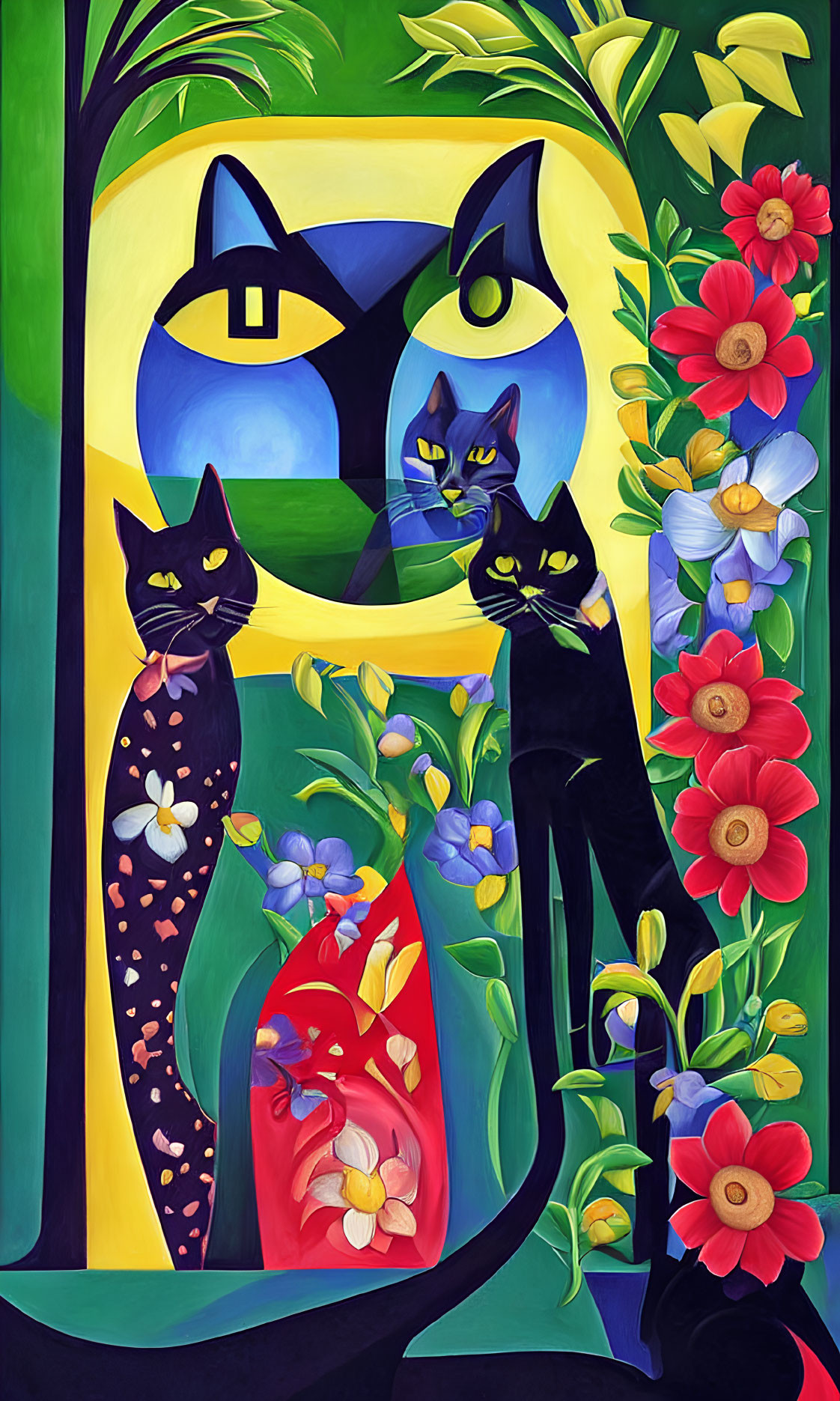 Vibrant Illustration of Three Cats in Floral Setting